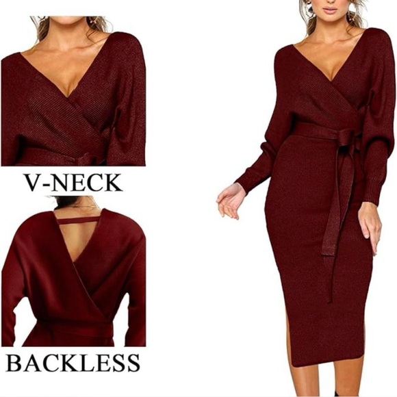 Women's V Neck Sweater Dresses Batwing Long Sleeve Backless Bodycon Dress - Picture 1 of 4